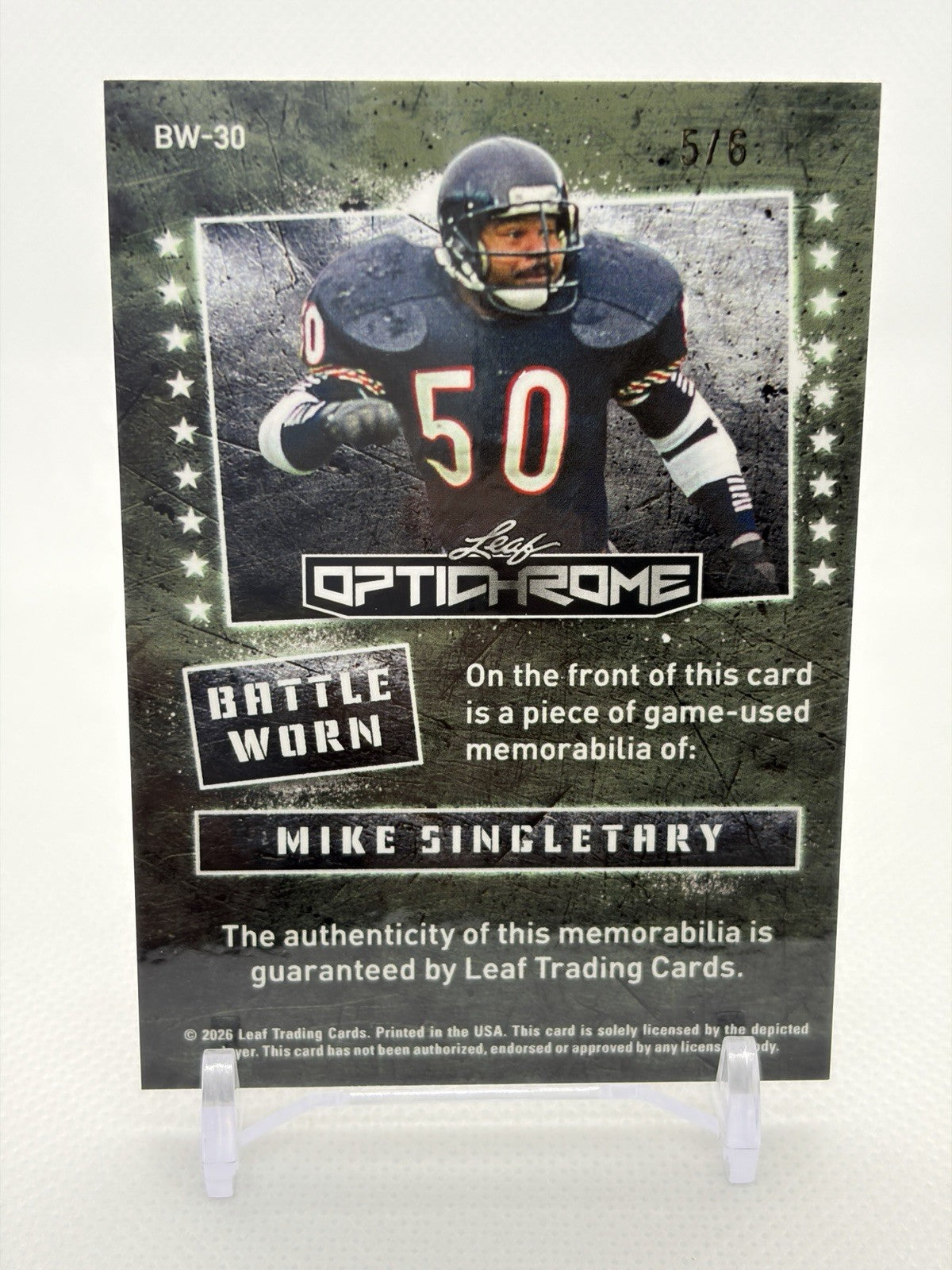 2026 Leaf Optichrome - Mike Singletary Battle Worn Game Used Pink Crystal /6