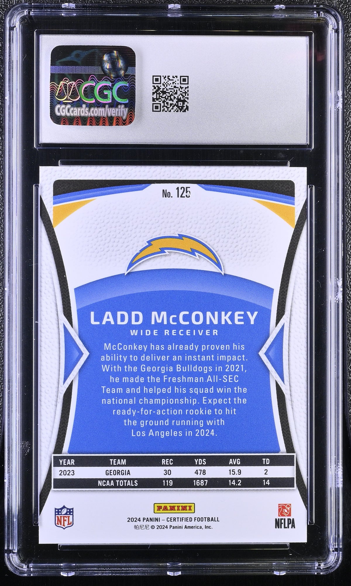 2024 Panini Certified #125 Ladd McConkey Mirror Purple RC FOTL 6/10 Grade 9