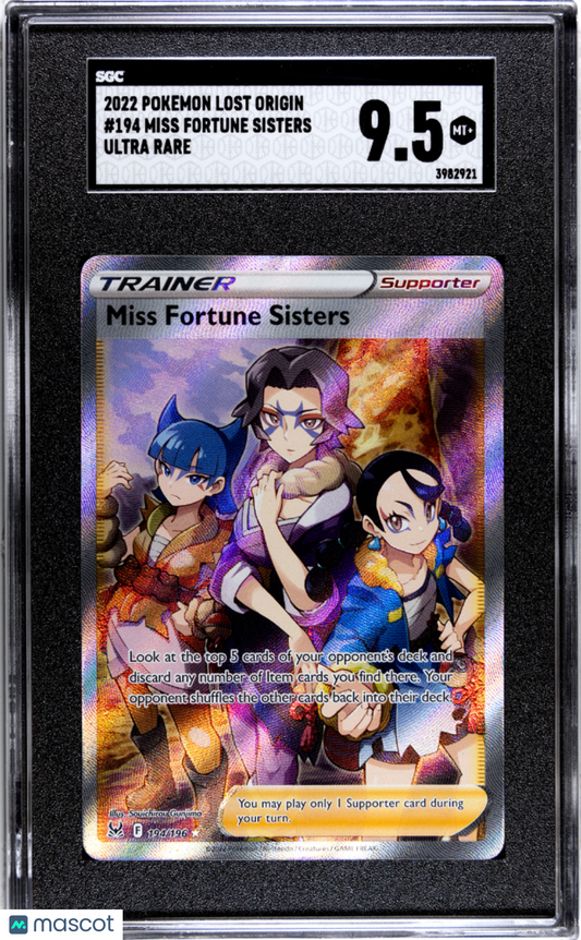 Miss Fortune Sisters 194/196 Full Art Lost Origin Pokemon Card (SGC 9.5)