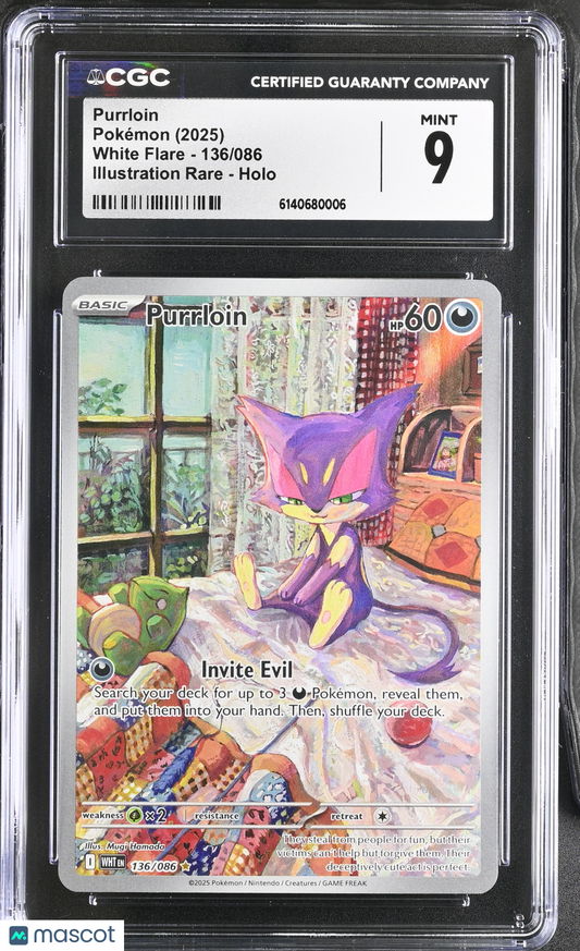 2025 Pokemon White Flare Purrloin Holo Illustration Rare CGC 9 #136/086
